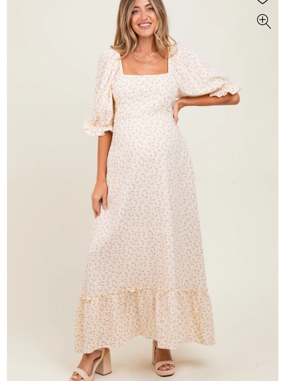 Pinkblush Cream Floral Square Neck Maxi Dress with Puff Sleeves
